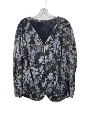 Vintage Anne Klein Silk Top Blue Black Gray Abstract Watercolor Print Women's XL